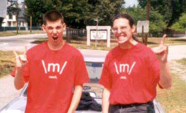 A 500 KB rotating animated GIF of Ben and Pete doing the RAWK pose in various Photoshopped garb.