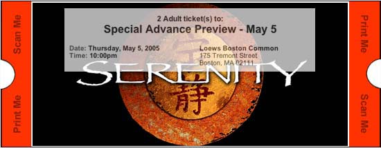 Ticket to the advance screening of SERENITY in Boston