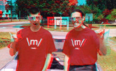 Pete and Ben, RAWK!ing in 3-D.  Red/Cyan glasses required.