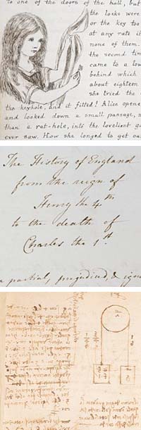 Snippets of manuscript by (from top to bottom) Carroll, Austen, and Da Vinci.