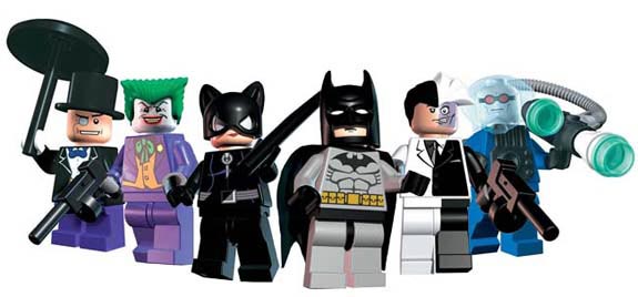 Lego figurines of the Penguin, the Joker, Catwoman, Batman, Two-Face, and Mr. Freeze.