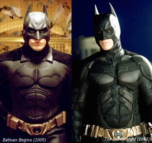 Small changes in the Batsuit between Batman Begins and The Dark Knight