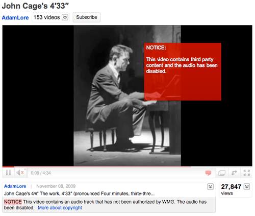 YouTube: John Cage's 4m33s: Uploaded by AdamLore YouTube: John Cage's 4m33s: Uploaded by AdamLore