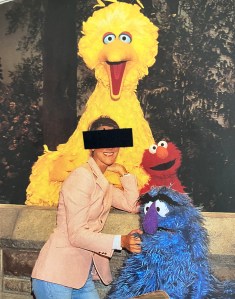 Celine Dion, with an anonymizing black bar placed over her eyes by the blogger, stands in a peach colored blazer with three muppets from Sesame Street: Big Bird, Elmo, and Harry Monster.